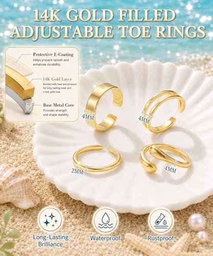 4Pcs Toe Rings for Women Non Tarnish 14K Gold Filled Toe Ring Adjustable Flower CZ Band Wave Dainty Toe Ring Summer Beach Open Toe Rings Set Waterproof Toe Jewelry Foot Jewelry - color: Gold double row