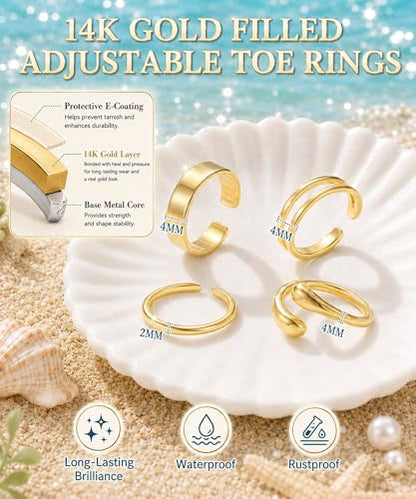4Pcs Toe Rings for Women Non Tarnish 14K Gold Filled Toe Ring Adjustable Flower CZ Band Wave Dainty Toe Ring Summer Beach Open Toe Rings Set Waterproof Toe Jewelry Foot Jewelry - color: Gold double row