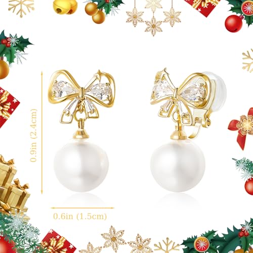 YOQUCOL Golden Bow Clip On Stub,Danle Drop Earrings for Women Simulated Pearl Christmas Xmas Bowknot Non Pierced Earrings - color: Dangle Clip-01
