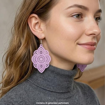 Boho Black Filigree Dangle Earrings for Women, Lightweight Hollow Lace Drop, Wood, 3.34" x 1.69", Bohemian Jewelry - color: Light Purple