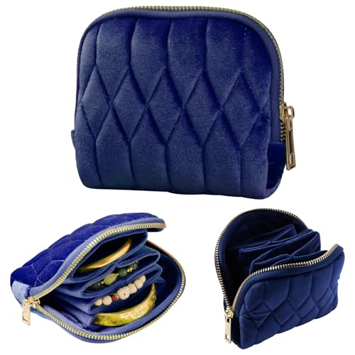 KALUYA shunmei Small Jewelry Travel Case, Diamond Quilted Velvet, Navy Blue | 4.72"x4.72" bag with zipper, 5-layer velvet organizer pouch, for bangle, bracelet, earring, necklace, ring, for women girls - color: Navy Blue