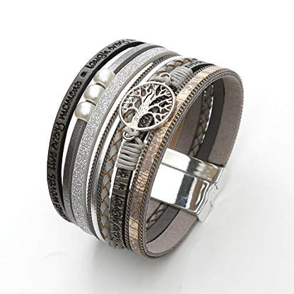 Fesciory Leather Wrap Bracelet for Women, Boho Western Layered Cuff Jewelry | Stackable Bracelets, Easy-On Clasp, Daily Wear, Pairs with Boho Western Outfits, Gift for Women - color: Grey1