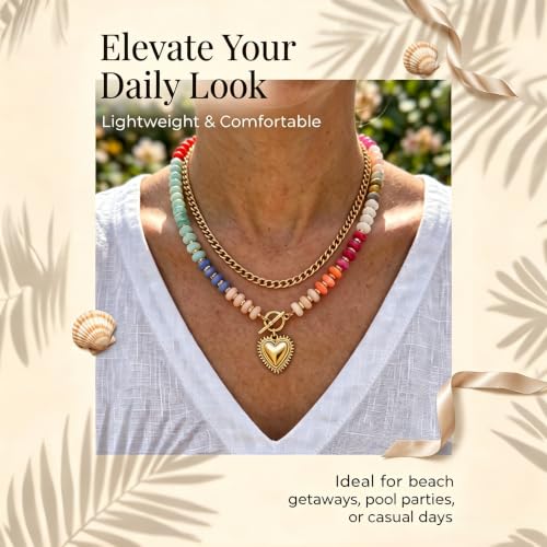 Layered Necklaces for Women Colorful Beaded Necklace with Heart Pendant | Acrylic Choker Chunky Chain Necklace for Women Boho Statement Charm Necklace Double Layered Stacked Jewelry for Summer Beach