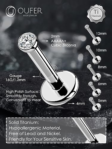 OUFER 2Pcs 20G/18G/16G G23 Titanium Threadless Nose Stud Earrings Flat Back Tiny CZ Small Nose Helix Cartilage Tragus Conch Labret Medusa Monroe Piercing Jewelry for Women Men - color: Silver, size: 2pcs, 16g 5.5mm, 2mm cz
