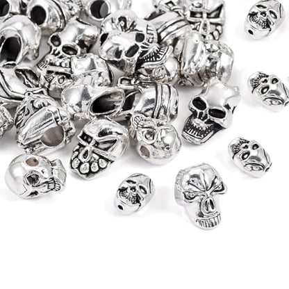 Elecrelive 28Pcs Antique Silver Skull Beads Halloween Skeleton Head Beads 7 Styles Gothic Charms for Necklace Bracelets Earrings Jewelry Making - color: Tibetan Silver