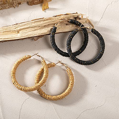 Handmade Rattan Earrings - Large Circle Braided Straw Wicker Drop Earrings - Light Weight Summer Hoops - color: G white
