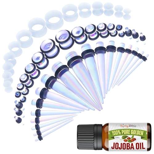 BodyJ4You 54PC Ear Stretching Kit 14G-12mm - Aftercare Jojoba Oil - Acrylic Plugs Gauge Tapers Silicone Tunnels - Lightweight Expanders Men Women - color: Transparent Aurora