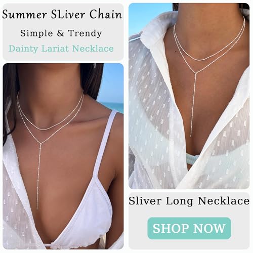 CHESKY Lariat Necklace for Women，14k Gold/Sliver Plated Layered Necklace | Gold/Sliver Long Necklace，Dainty Cross Pendant, Wedding Y-Shaped Drop Chain, Waterproof Jewelry Gift for Women Everyday Wear - style: SquareBead
