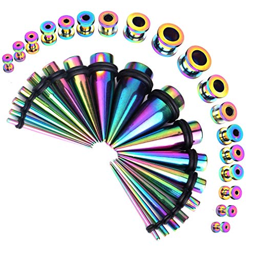 36pcs Ear Stretching Kit 14G-00G Surgical Steel Tapers Tunnels Gauges Set for Starter Women Men Expanders Body Piercing Jewelry… - color: Rainbow