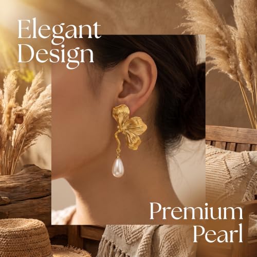 Chunky Gold Plated Flower Statement Drop Earrings for Women | Hypoallergenic 18K Gold Plated Textured Petal Wing, Large Statement Dangle Earrings for Wedding Party - color: Three Petals Pearl