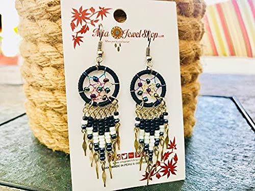 Beaded Dreamcatcher Earrings for Women, Long Boho Fringe Dangle Earrings, Lightweight Colorful Statement Jewelry, Handmade - color: Black & White