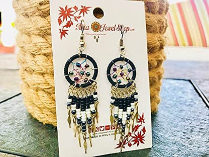 Beaded Dreamcatcher Earrings for Women, Long Boho Fringe Dangle Earrings, Lightweight Colorful Statement Jewelry, Handmade - color: Black & White