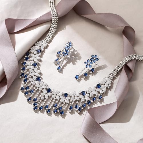 EVER FAITH Bridal Jewelry for Bride Bridesmaid, Elegant Cubic Zirconia Birthstone Cluster Flower Teardrop Wedding Party Necklace Dangle Earrings Sets for Women - color: Blue