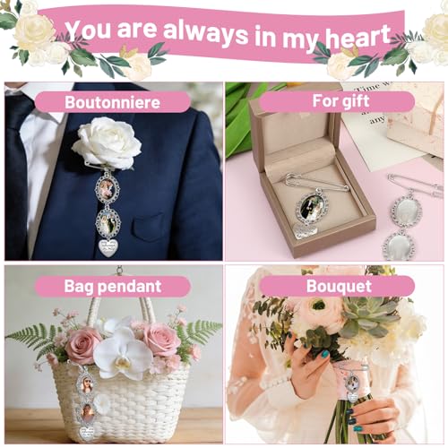 TIESOME 2 Pcs Bouquet Photo Charm, Wedding Memorial Pins DIY Kit | Oval Glass Cabochons with Lacy Frame and Heart Pendant, Keepsake for Bride, Funeral or Memory Bouquet (2 Styles)