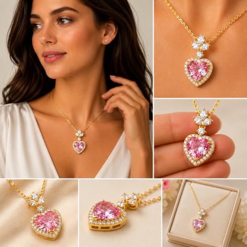 Rich London 18K Rose Gold Plated 2-in-1 Clover Heart Pendant Necklace for Women | Elegant Crystal Charm Jewellery - color: Pink Heart