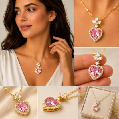 Rich London 18K Rose Gold Plated 2-in-1 Clover Heart Pendant Necklace for Women | Elegant Crystal Charm Jewellery - color: Pink Heart