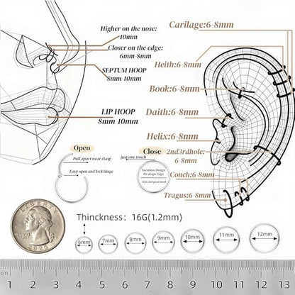 14Pcs 6/7/8/9/10/11/12MM Surgical Steel Hinged Nose Rings Hoop Set, Hypoallergenic Small Hoops Set for Cartilage Helix Lip Tragus Septum Nipple Multiple Hole.QEIFC Silver Piercing Body Jewelry Kit - size: 14Pcs-16G-Silver