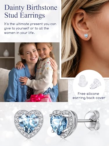 Suplight 925 Sterling Silver Birthstone Stud Earrings for Women, Round/Heart/Teardrop/Square Crystal Diamond Earrings for Women, Dainty Birthday Gifts Jewelry - color: style b-03. heart-March(Created Aquamarine)