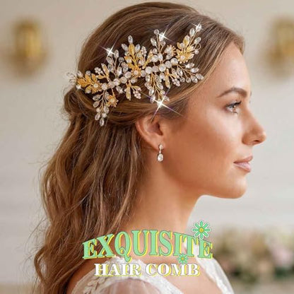 JAKAWIN Bridal Hair Comb Wedding Hair Accessories Rhinestone Hair Clip | Gold Prom Bride Headpiece for Women - color: B Gold