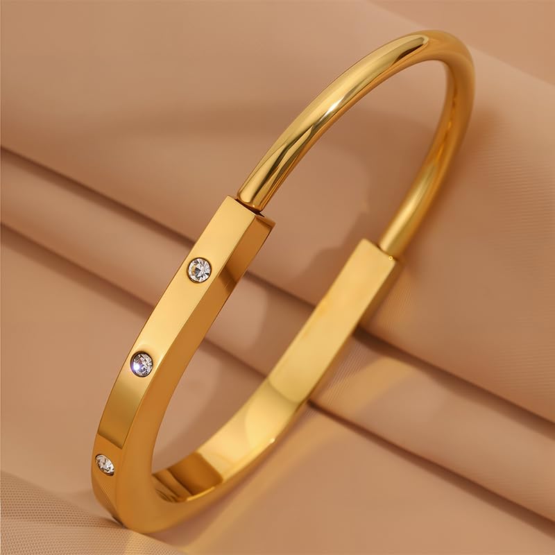 Minimalist Gold Lock Bracelet with Rhinestone Details, Stainless Steel Open Cuff Bangle for Women, Chic Everyday Jewelry