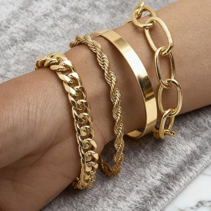 Gold Bracelets for Women, 5 Pcs Non-Tarnish Gold Plated Stackable Bangles with Beaded, Knot, Twisted, Cuff & Chain Designs, Everyday Jewelry Gifts - color: Gold-4pcs
