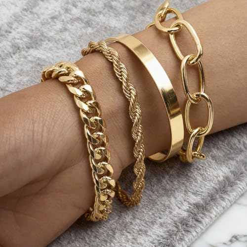 Gold Bracelets for Women, 5 Pcs Non-Tarnish Gold Plated Stackable Bangles with Beaded, Knot, Twisted, Cuff & Chain Designs, Everyday Jewelry Gifts - color: Gold-4pcs