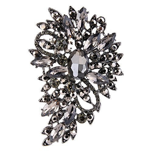 EVER FAITH Women's Austrian Crystal Wedding Flower Leaf Bouquet Brooch - color: Black Black-Tone