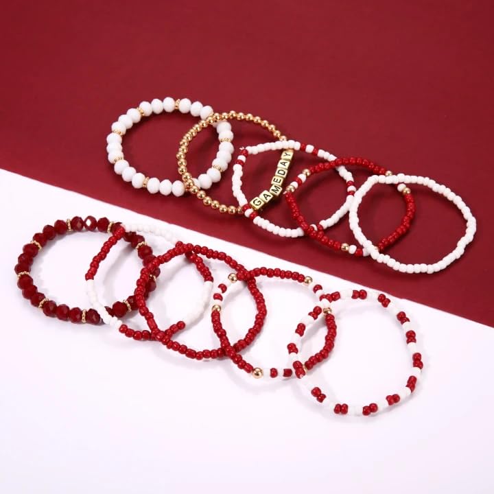 ZOLEAROPY Game Day Bracelets Stack Football Bracelets for Women Men Stackable Game day Bracelet Accessories Football Mom Outfit Jewelry Gifts - color: crimson white