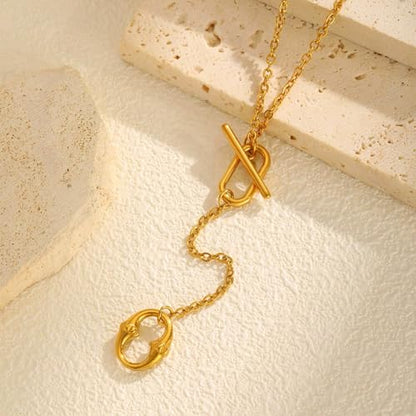 Gold Y-Shaped Necklace for Women, Double O-Ring Geometric Pendant on 52.5cm Chain, Minimalist Long Necklace
