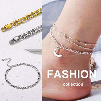 Adjustbale Link Chain Anklet for Women Summer Jewelry, 316L Stainless Steel Figaro/Wheat/Twist Rope/Cuban Foot Bracelet-Waterproof, Resizable 9"-12" (Gift Box Included) - color: 3, Figaro - Stainless Steel