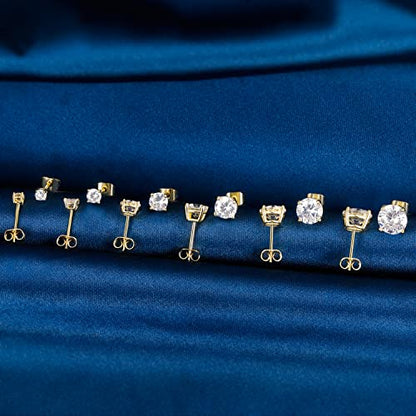 6 Pairs Cubic Zirconia Stud Earrings for Women/Men - Round Cut 4 Prong Settings 18K Gold Plated Hypoallergenic 3-8mm Clear Earrings Set - color: 3-8mm Gold - Round 4 Prong