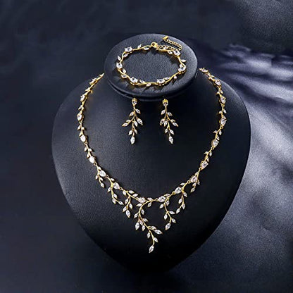 Bridal Wedding Jewelry CZ Set Marquise Teardrop Cubic Zirconia Pendant Necklace and Dangle Earring Bracelet Sets for Women - color: Gold - 03