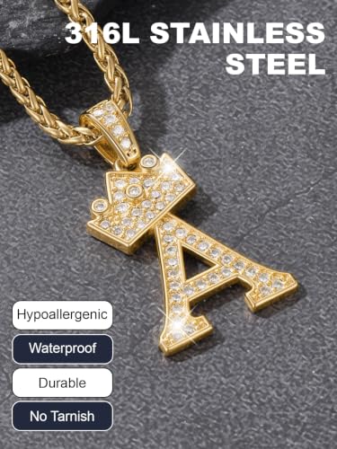 U7 Crown Initial Necklace Men Women, Bling Diamond A-Z 0-9 Letter Pendant with Wheat Chain, Silver/Black/Gold Plated CZ Alphabet Number Hip Hop Jersery for Father Husband - color: a. Gold, size: 23. W