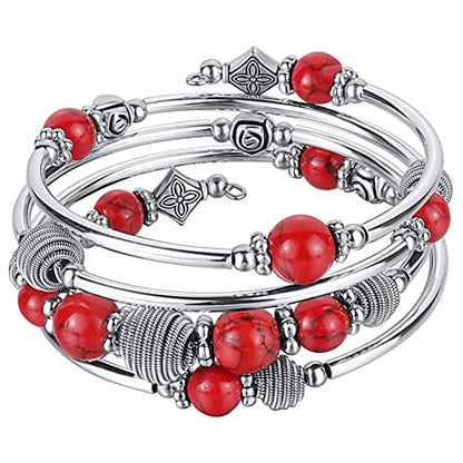 PEARL&CLUB Beaded Chakra Bangle Turquoise Bracelet - Fashion Jewelry Wrap Bracelet with Thick Silver Metal and Mala Beads, Birthday Gifts For Women - color: Red