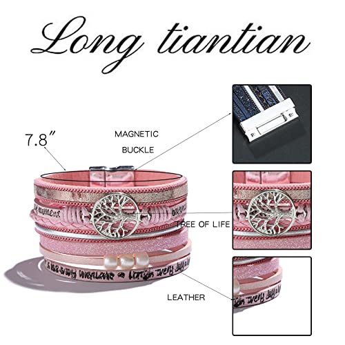 Long tiantian Boho Western Bracelets for Women Leather Wrap Bracelets Turquoise Bracelet Western Jewelry Country Concert Outfits - color: beach bracelets for women（pink）