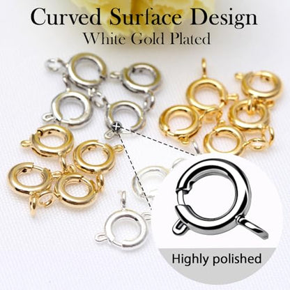 stino 100Pcs Small Spring Round Jewelry Clasps (White Gold Plated) | Brass, High Polished, Necklaces & Bracelets Findings - color: White Gold Plated