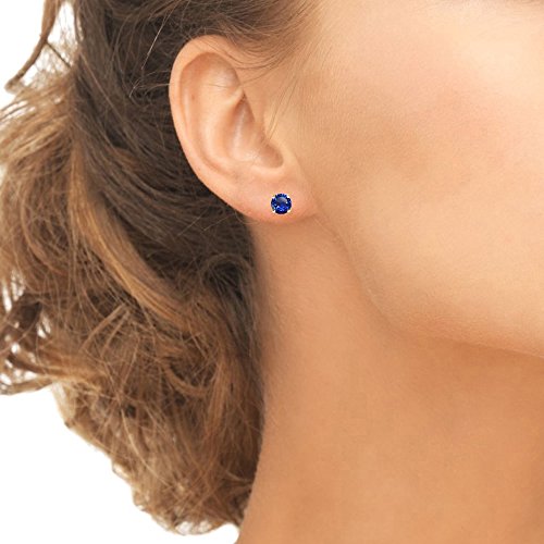 Sapphire Earrings for Women Sterling Silver Trendy Round-Cut Created Blue Gemstone Solitaire Studs for Men Bridesmaids Prom Gift - color: 7mm - Gold Flash Silver