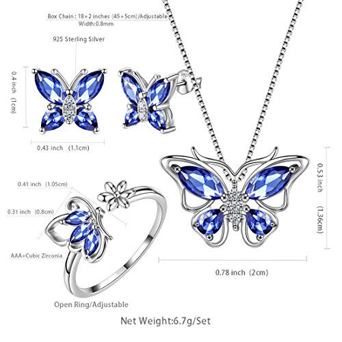 Aurora Tears Butterfly Jewelry,Women 925 Sterling Silver Butterflies Birthstone Pendant Necklace/Earrings/Rings Wedding Gift - color: L.December-set 2