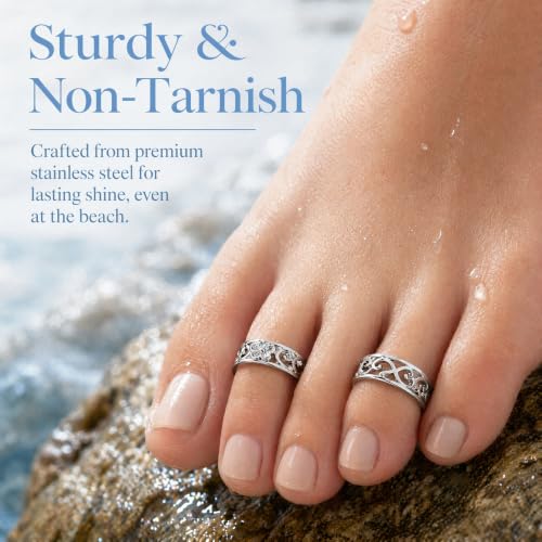 2Pcs Silver Toe Ring Adjustable Open Cuff Toe Rings for Women Stainless Steel Flower Band Foot Jewelry Non Tarnish Beach Accessories for Toes Summer Wear Set