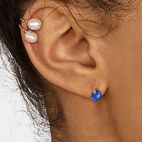 Tiny Huggie hoop Earrings for Women | 14k Gold Plated, Mini Round Cubic Zirconia, Small Simulated Diamond Huggies, Hypoallergenic Jewelry Gifts - color: blue