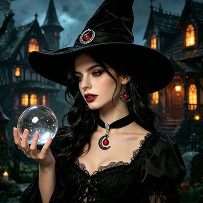 ONLYJUMP Gothic Witch Moon Earrings Necklace Set for Women Goth Black Velvet Moon Choker Necklace Moon Zirconia Dangle Drop Earrings Dark Halloween Witch Vampire Jewelry - color: Red