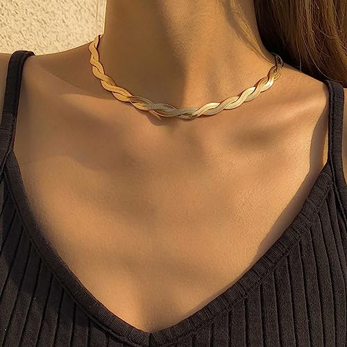 Gold Snake Chain Necklace Double Layer Twist Herringbone Choker Necklace Flat Herringbone Chain Necklace Layered Knot Snake Chain Collar Necklace Jewelry for Women Girls - color: Gold
