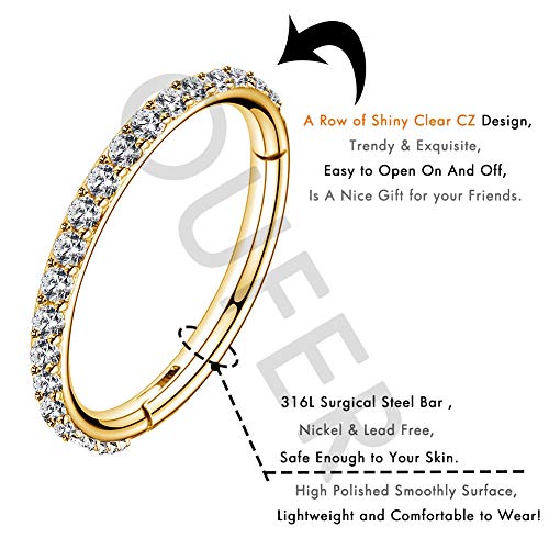 OUFER Gold Hinged Segment Earring Hoop 16G Stainless Steel with Cartilage Earrings Clear CZ Paved Tragus Helix Earrings Cartilage Earring Septum Nose Ring Hoop - color: Gold Plated-10mm diameter
