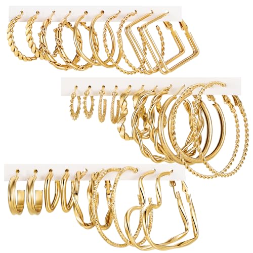 16-24 Pairs Gold Silver Black Earring Set for Women, Chunky Earring Multipack Punk Trendy Big Small Stud Hoop Earring Lightweight Twisted Pearl Ear Pack For Daily Birthday Party Gift - color: Golden-B