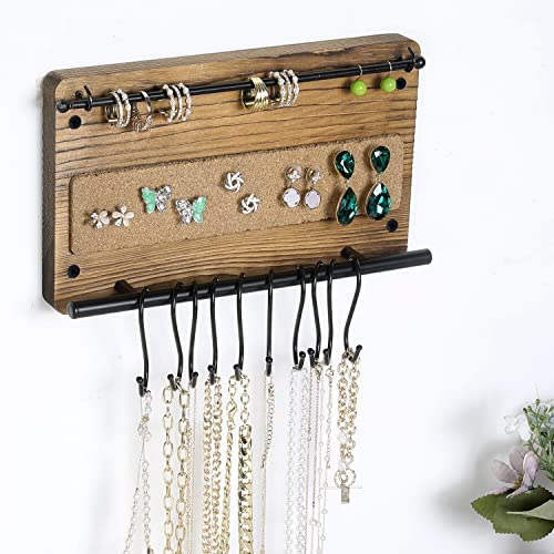 MyGift Wall Mounted Jewelry Organizer, Burnt Wood and Black Metal Necklace Holder, Bracelet, Earring Display Storage Rack with 10 Hanging S-Hooks