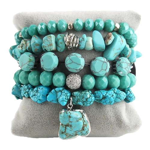 Yomisa Boho Beaded Bracelets/Bangle for Women,Multilayer 5/6/7PCS Healing Natural Handmade Stone Bead Bracelets Stackable Stretch Friendship Beaded Bracelet Set Trendy Western Bohemian Jewelry Gift - color: 5pcs-Turquoise