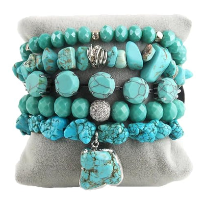 Yomisa Boho Beaded Bracelets/Bangle for Women,Multilayer 5/6/7PCS Healing Natural Handmade Stone Bead Bracelets Stackable Stretch Friendship Beaded Bracelet Set Trendy Western Bohemian Jewelry Gift - color: 5pcs-Turquoise