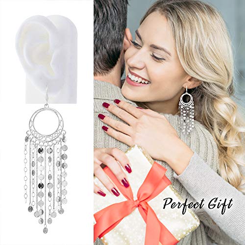 Bohemian Boho Tassel Dangle Drop Earrings for Women – Lightweight Filigree Gypsy Coin Chandelier Disc Charm Hoops – included Gift Box - style: Round - Silver