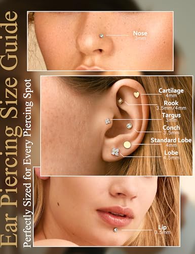 YADOCA Threadless Flat Back Earrings Gold Nose Studs Surgical Steel | Push-in flat back design for cartilage tragus helix conch and medusa piercings, gold plated stainless steel studs - color: Gold Star, size: 20G(0.8MM)