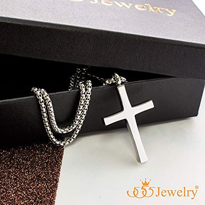 555Jewelry Stainless Steel Cross Adjustable Rolo Chain Pendant Necklace 16-28'' Inches - color: Silver